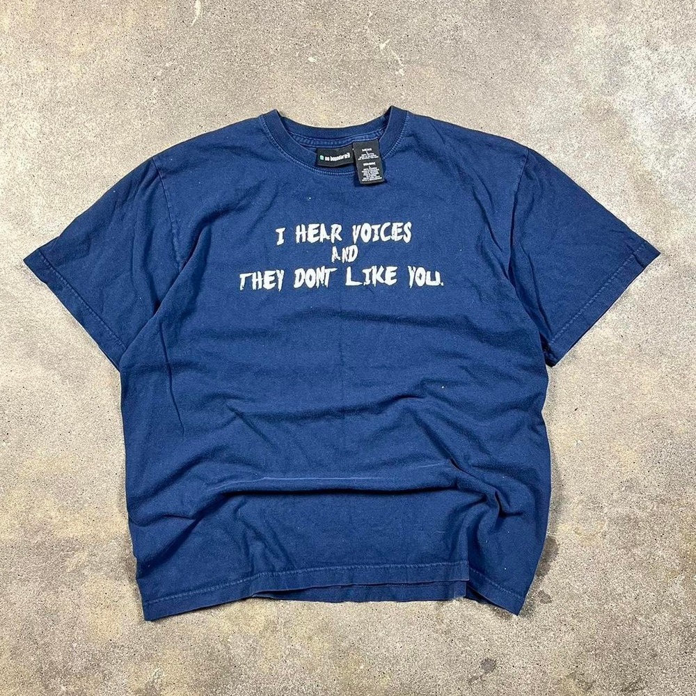No Boundaries Mens Y2K Funny Graphic T-Shirt Navy Blue I Hear Voices Size Large